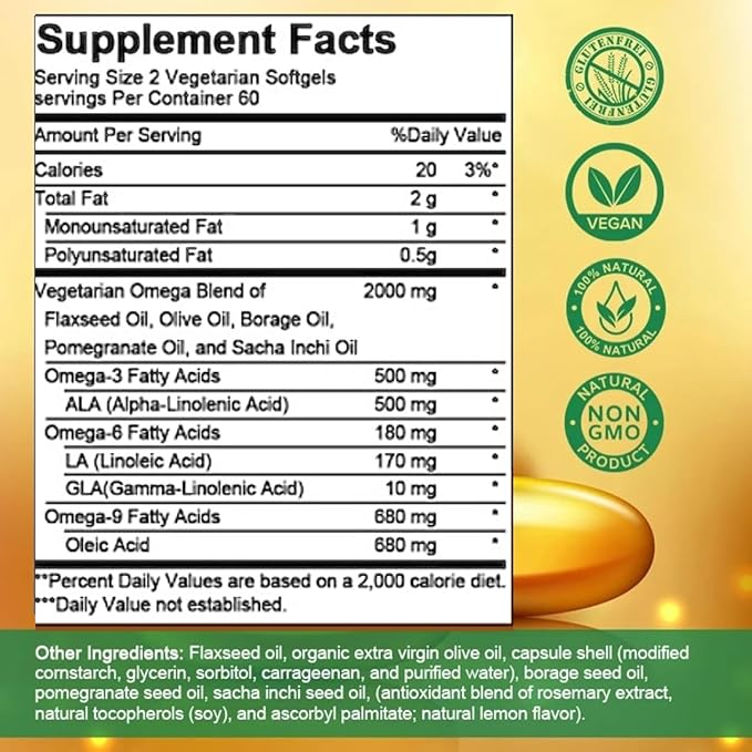 High-Potency Omega 3-6-9, 100% Vegan Sourced Natural Supplement for Heart and Joint Health 120 Softgels, 60 Day Supply