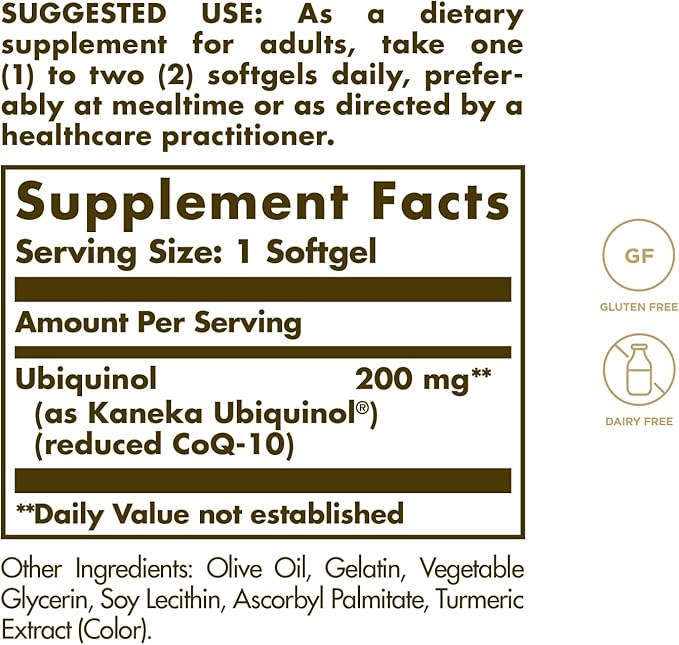 Solgar Ubiquinol 200 mg (Reduced CoQ-10), 30 Softgels - Promotes Heart & Brain Function - Supports Healthy Aging - Coenzyme Q10 - Ubiquinone Supplement - Gluten Free, Dairy Free - 30 Servings , Unflavoured, standard