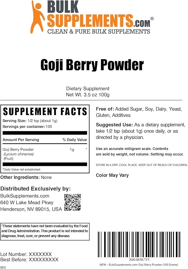 BulkSupplements.com Wolfberry Extract Powder - Goji Berry Supplements, Goji Berry Extract, Herbal Supplement, Gluten Free, 1000mg per Serving, 100g (3.5 oz) (Pack of 1)