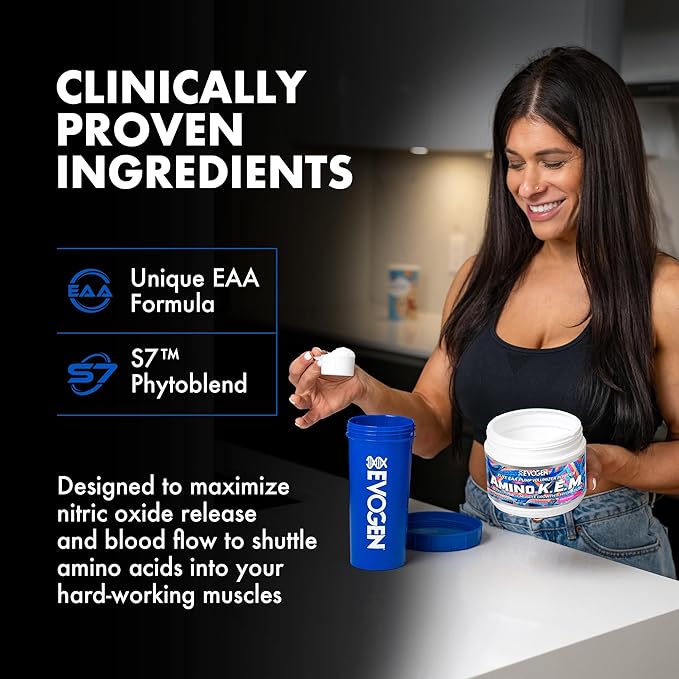 Evogen Amino K.E.M. - EAA & BCAA Powder Pump Volumizer | BCAAs Amino Acids Supplement for Blood Flow, Muscle Growth, & Hydration | Sour Candy | 30 Servings