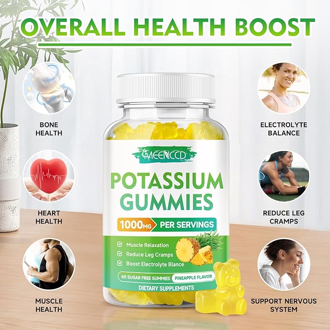 Potassium Citrate Gummies 1000mg, High Potency Potassium Supplement Gummies for Adults Women & Men, Support Leg Cramps & Muscle Health, Sugar-Free, Pineapple Flavor, 60 Count