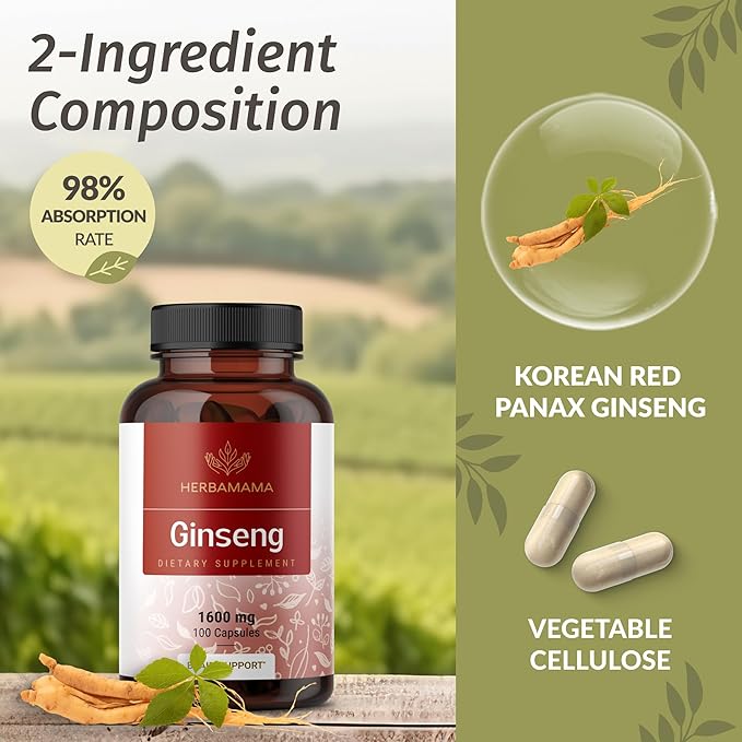HERBAMAMA Korean Panax Ginseng Capsules - 1600mg Red Ginseng Root for Brain & Energy Support - Vegan, Non-GMO Korean Red Panax Energy Supplement, 100 Caps