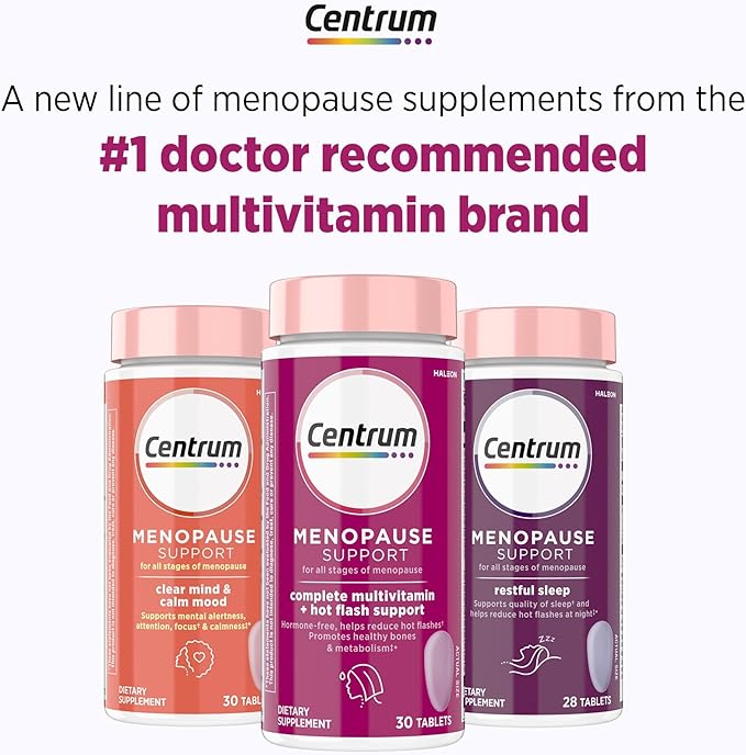 Centrum Complete Multivitamin Supplement + Hot Flash Support Menopause Support Tablets, with Clinically Studied geniVida, 30 Count