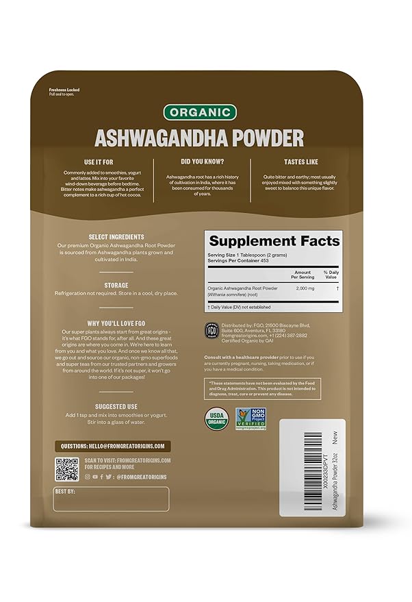 FGO Organic Ashwagandha Root Powder, 32oz Resealable Bulk Bag, Non-GMO, Indian Ginseng, Withania Somnifera, Sourced from India (Pack of 1)