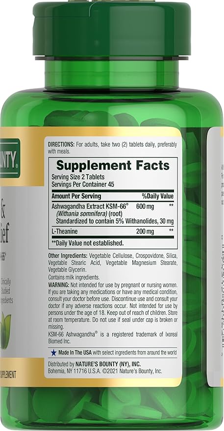 Nature's Bounty Stress Relief, Ashwagandha KSM-66, Supports Occasional Stress Relief, Dietary Supplement, Tablets, 90 Ct