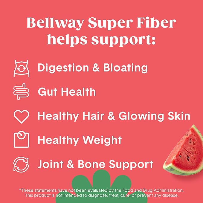 Bellway Super Fiber Powder + Collagen, Sugar-Free Psyllium Husk Powder with Collagen Peptides and Hyaluronic Acid for Gut Health, Healthy Skin, Nails, Bones & Joints, Watermelon (10.6 oz)