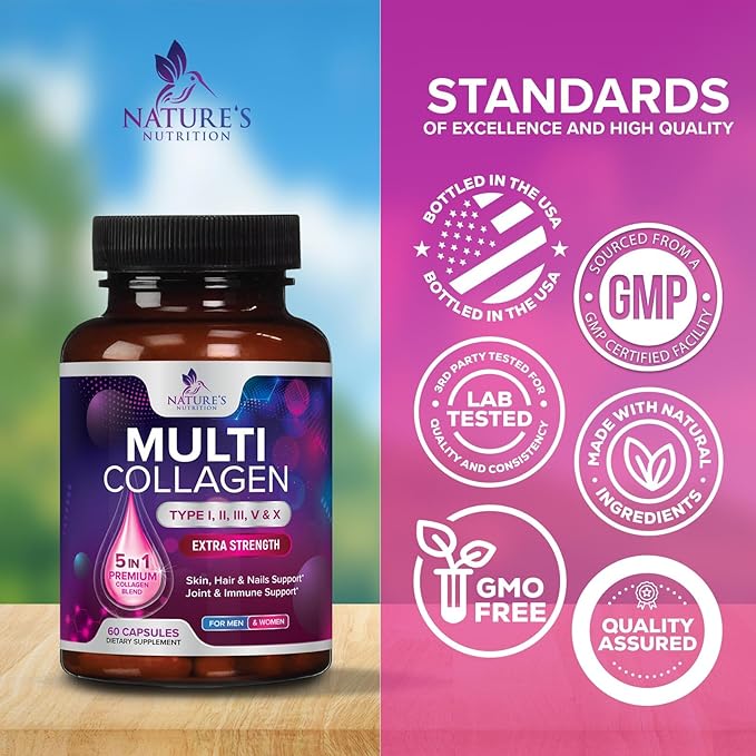 Collagen Peptides for Women & Men - Type I, II, III, V, X Multi Collagen Pills, Hydrolyzed Collagen Peptides Supplements, Nature's Hair, Skin, Nail, and Joint Support Supplement, Non-GMO, 60 Capsules
