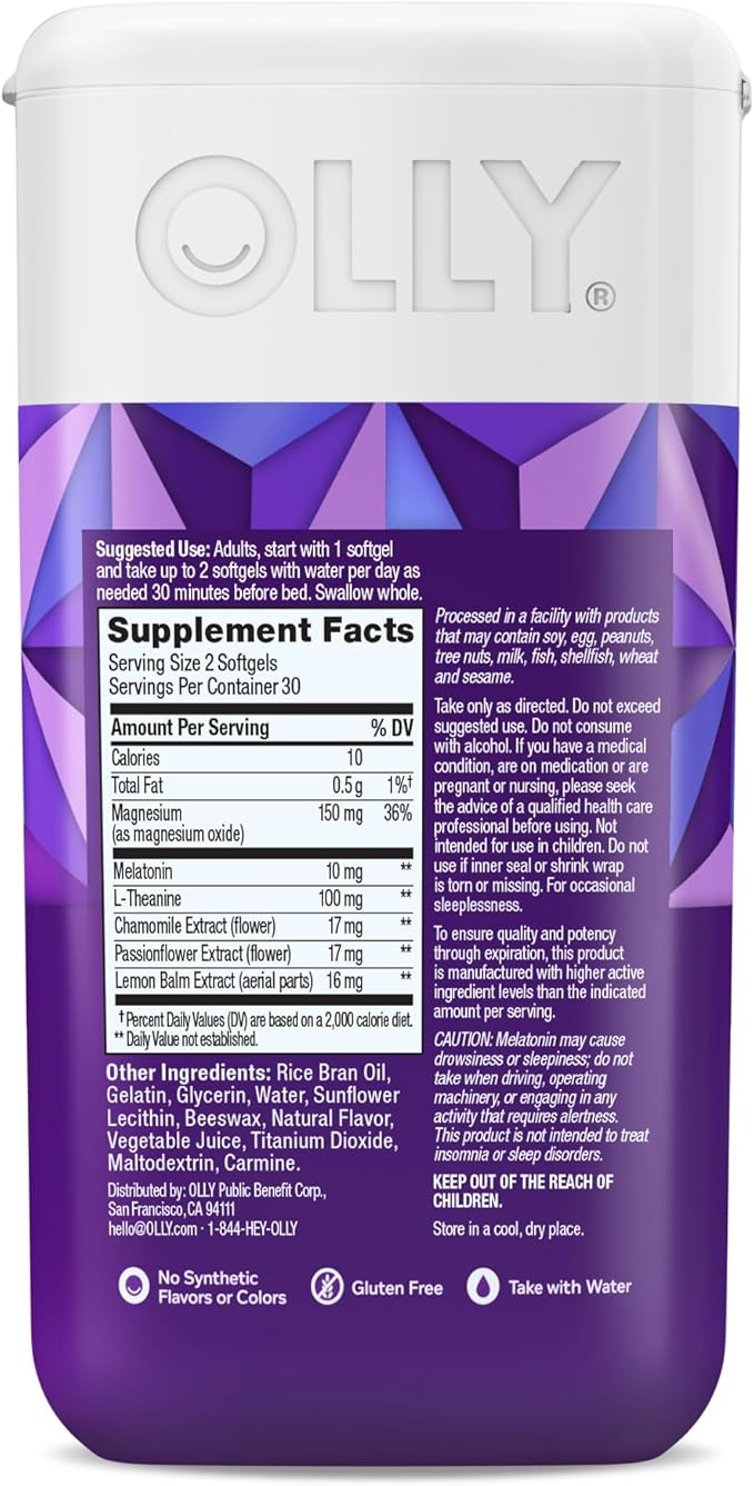 OLLY Ultra Strength Sleep Softgels, 10mg Melatonin, L-Theanine, Chamomile, Magnesium, Lemon Balm, Supports Deep Restful Sleep, Nighttime Sleep Aid, Non Habit-Forming - 60 Count