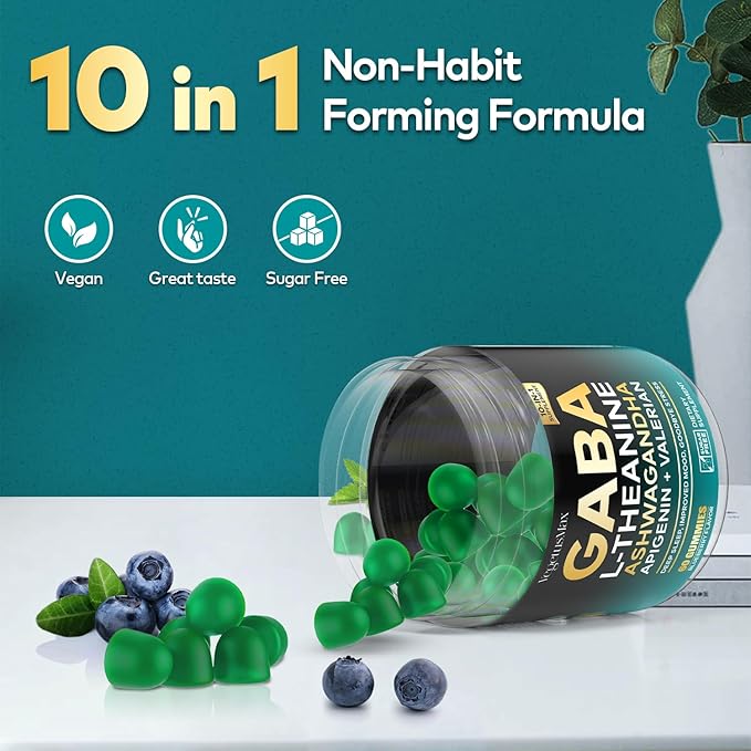 GABA L-Theanine Gummies Natural Stress Relief Supplement - Calm, Sleep, Relaxation & Mood Support, Magnesium, Vitamin B6, Ashwagandha, Apigenin, Non-Habit Forming Sugar free Gummy, Blueberry Flavor
