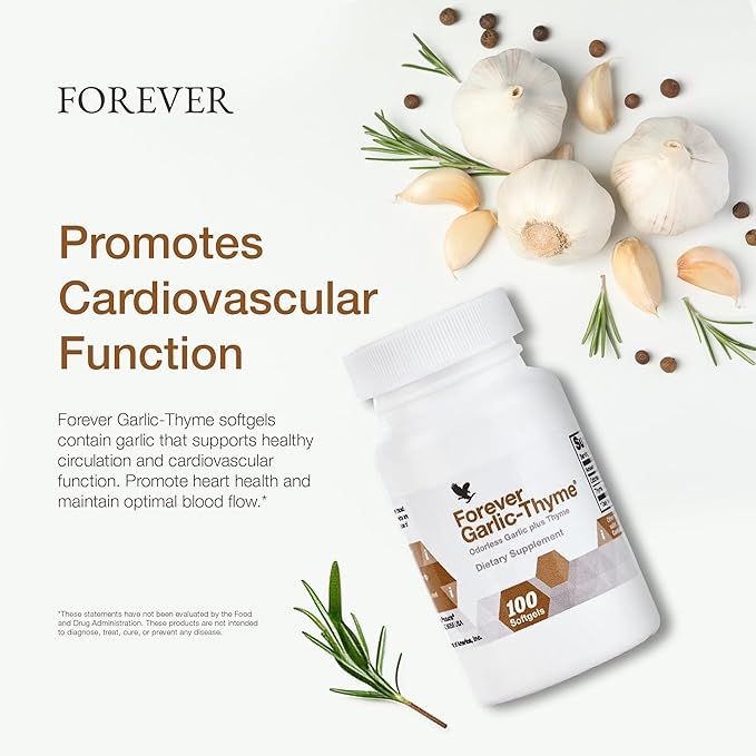 Forever Living - Forever Garlic-Thyme - Cardiovascular & Immune Support with 10mg Garlic Extract & 50mg Thyme Leaf Powder - Odorless Softgel, Gluten-Free - 100 Softgels