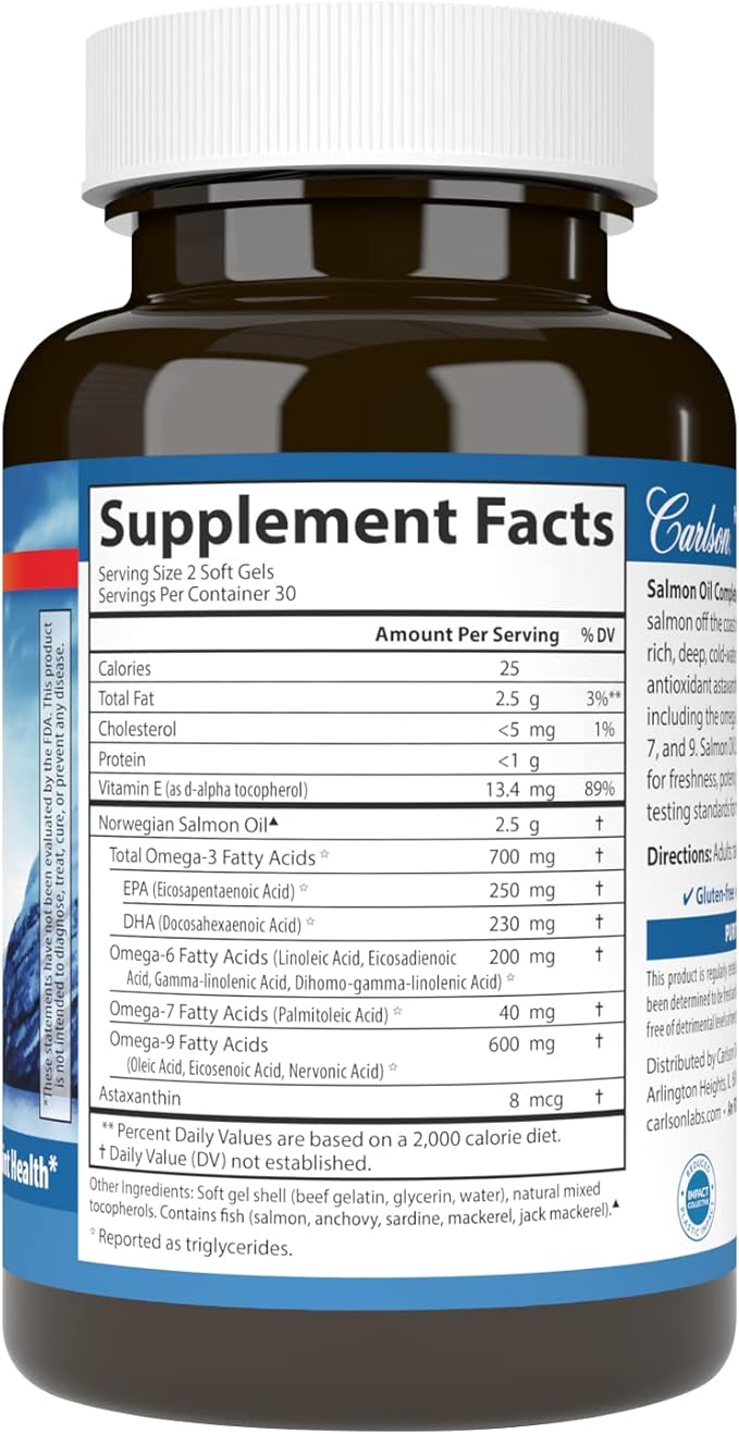Carlson - Salmon Oil Complete, 700 mg Omega-3s + Astaxanthin, Cardiovascular Support, Brain Function & Joint Health, 60 Softgels