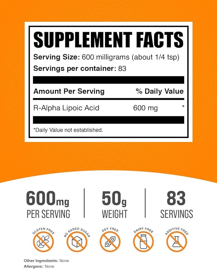 BulkSupplements.com R-Alpha Lipoic Acid Powder - R-ALA Supplement, R Alpha Lipoic Acid 600mg - Antioxidants Supplement, Gluten Free, 600mg per Serving, 50g (1.76 oz) (Pack of 1)