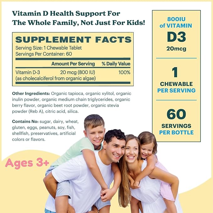 Certified Organic Kids and Teens Whole Food Vitamin D3 Chewables | 800 IU | Sugar Free, Vegan, Free of 9 Major Allergens | 2 Month Supply | Ages 3+