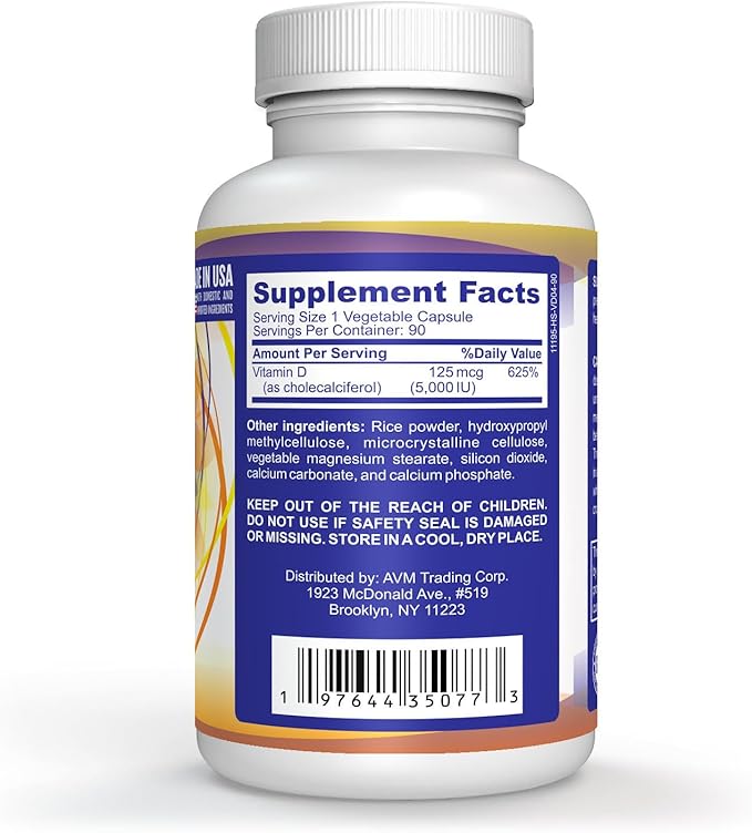 90 Vegetable Capsules Vitamin D. D3 5000IU (125 MCG) High Potency Immune Support Dietary Supplement. Healthy Muscle Recovery Advanced. Non-GMO Formula