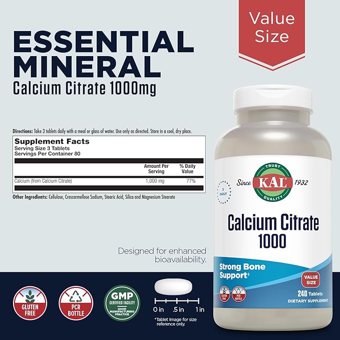 KAL Calcium Citrate 1000mg, Calcium Supplements for Women and Men, Bone Health, Teeth, Nervous, Muscular & Cardiovascular System Support, Gluten Free and Lab Verified, 80 Servings, 240 Tablets