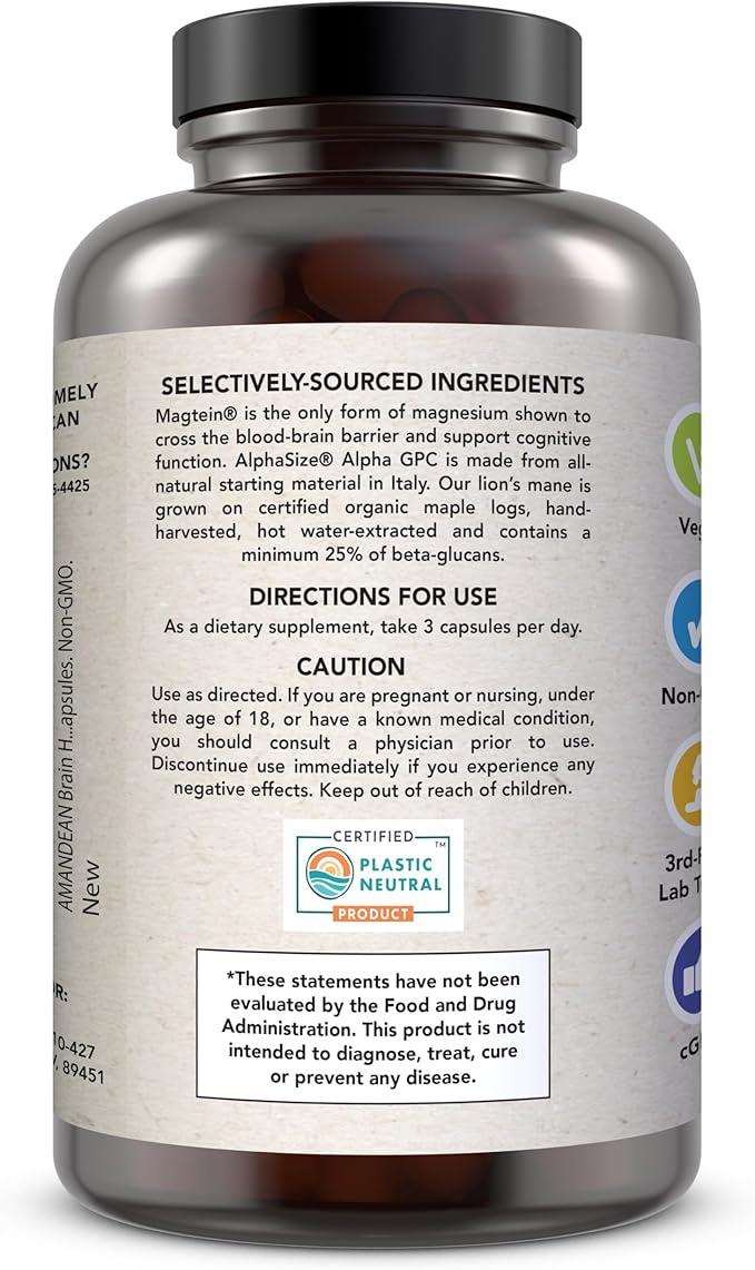 AMANDEAN Brain Health Supplement. Magnesium L-Threonate (Magtein), Lion's Mane Mushroom Extract, Alpha GPC Choline Complex. Nootropic Cognitive Support for Memory, Focus, Clarity. 90 Veggie Capsules.