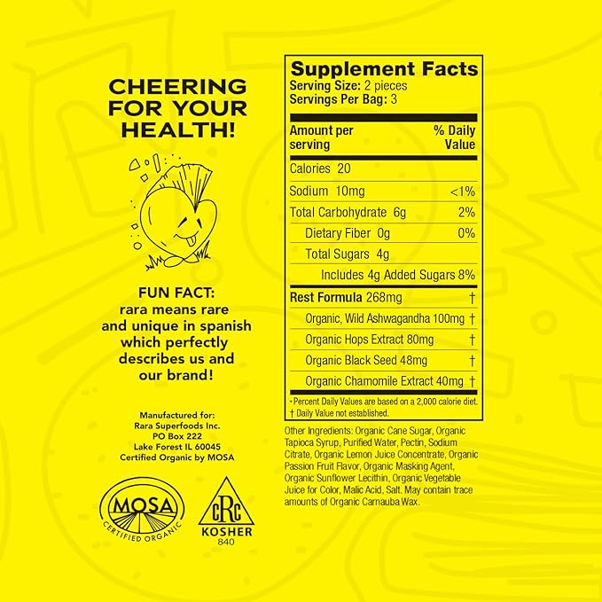 Rest USDA Organic Gummies Natural Sleep & Cognitive Support Supplement, Vegan & Gluten-Free, Infused with Ashwagandha, Hop Extract & Chamomile Extract (6 Gummies, Rest)