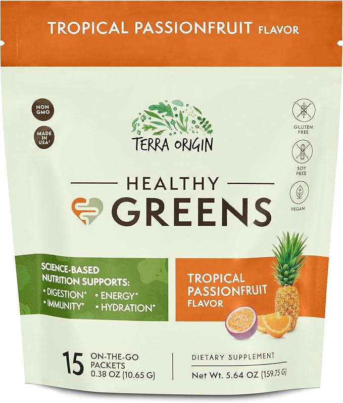 TERRA ORIGIN Greens Powder Superfood Supplement | 15 Packets | Supports Digestion | with Probiotic Blend, Digestive Enzymes, Antioxidants, Spirulina, Chlorella | Tropical Passionfruit