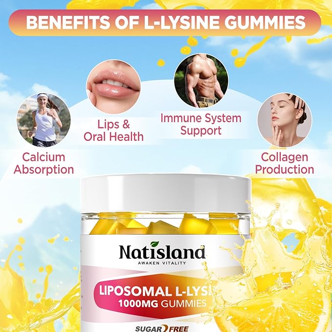 Liposomal L-Lysine Gummies 1000mg, Lysine Chewable Supplements for Kids & Adults, Lysine with Zinc & Vitamins, Lips & Oral Health, Immune Support, Sugar-Free, Lemon Flavor, 60 Ct