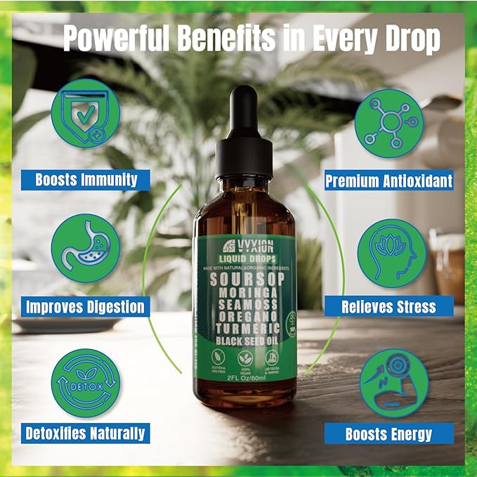 Soursop Bitters Liquid Drops 10 in 1 with Sea Moss, Moringa, Turmeric, Black Seed Oil, Oregano, Ashwagandha | Herbal Extracts for Overall Health-Enhancing | Vegan, Non-GMO | 2 Fl Oz