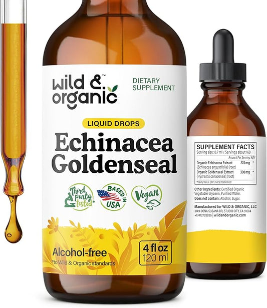Wild & Organic Echinacea Goldenseal Tincture - Immune Support Drops with Echinacea and Goldenseal Root Extract - Vegan, Sugar & Alcohol-Free Liquid Supplement - 4 fl oz