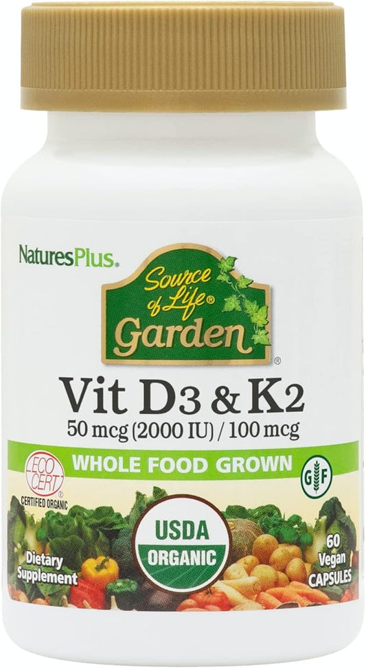 Natures Plus Source of Life Garden Vitamin D3 & K2-60 Vegan Capsules - Promotes Bone Support, Immune Function, Cardiovascular Health & Mood Balance - Vegan, Gluten Free - 60 Servings