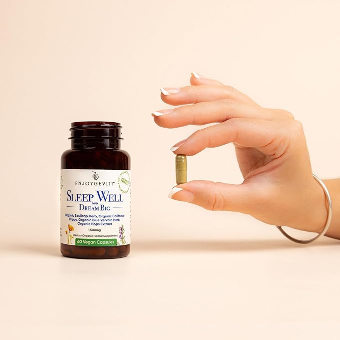 Organic Sleep Well Capsules - Calming and Relaxing Herbal Supplement - Sleep Aid - 60 Vegan Capsules - scullcap, California Poppy, Blue Vervain, Hops Extract - 1,500 mg