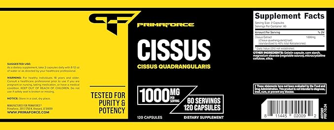 Primaforce Cissus Quadrangularis Extract, 120 Capsules, 1000mg per Serving - Gluten Free, Non-GMO