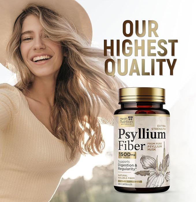 Psyllium Husk Fiber Caps 1500mg Supplement - Psyllium Husk Capsules Daily Support Digestive Health & Regularity, Nature's Plant Based Husks Natural Soluble Fiber Pills, Vegan, Non-GMO - 120 Capsules