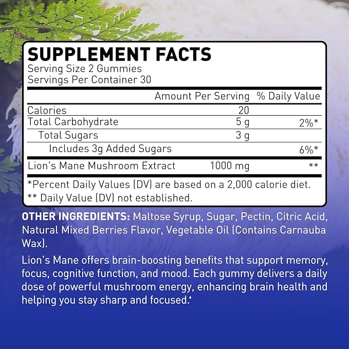 Lion's Mane Mushroom Gummies – 1000mg for Focus & Cognitive Support, Vegetarian & Gluten-Free, Mixed Berry Flavor, 60 Count