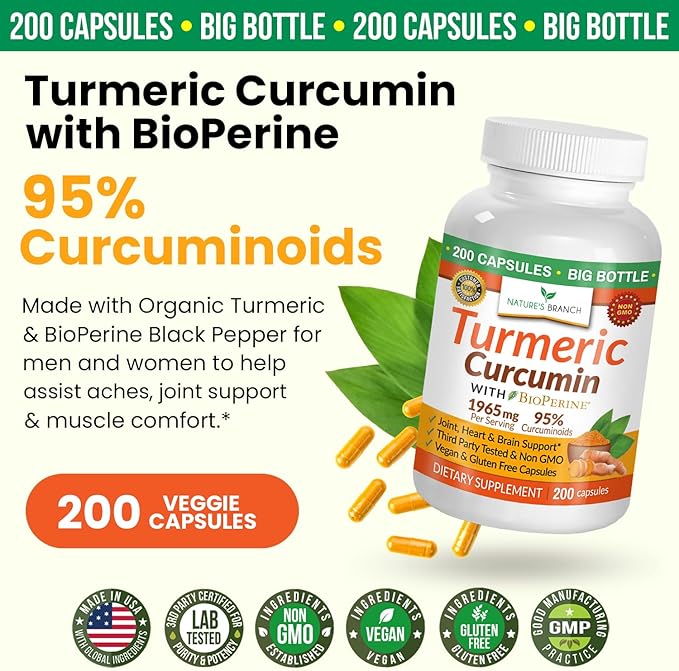 Turmeric Curcumin with Black Pepper Extract - Organic Powder 200 Capsules - 1965mg Extra Strength Joint Support Supplement, High Absorption, BioPerine Complex, High Potency, Vegan Pills, Made in USA