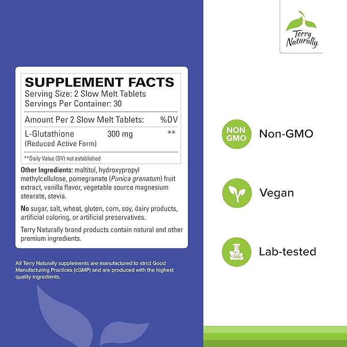 Terry Naturally Clinical Glutathione - Antioxidant Supplement for High Absorption - Dietary Supplement with L-Glutathione - Vegan Supplement to Support Cell Health - 60 Slow Melt Tablets