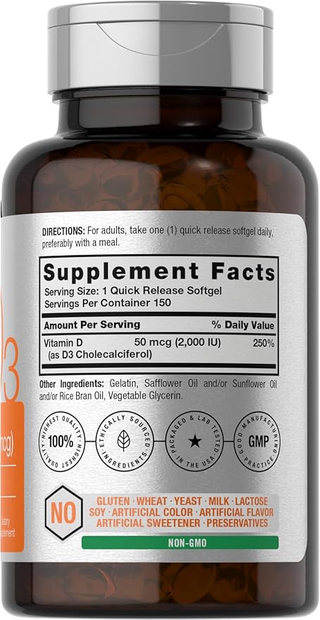 Horbäach Vitamin D3 2000IU Softgels (50mcg) | 150 Count | Non-GMO, Gluten Fee Supplement