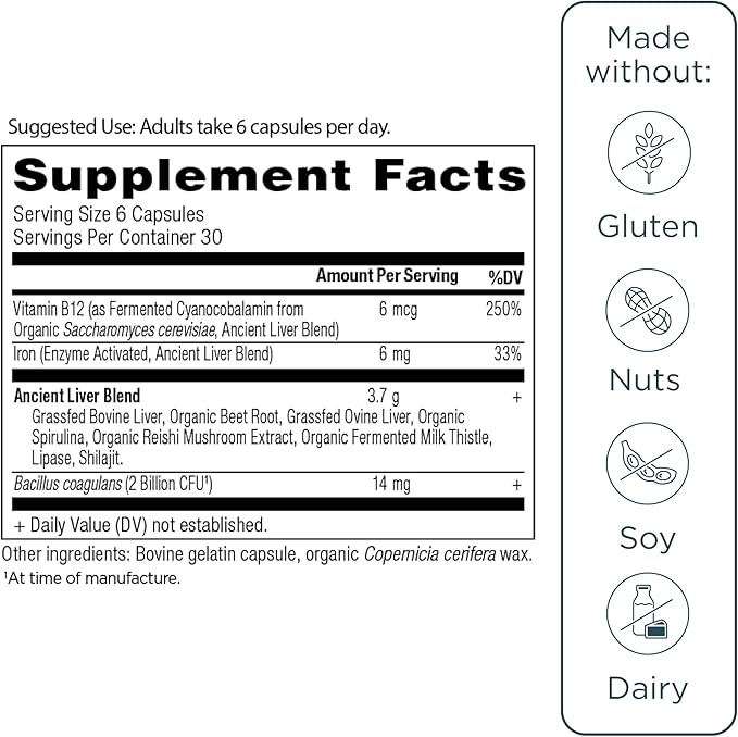 Ancient Nutrition Organ Supplements, Grass-Fed and Wild Organ Complex Capsules, Beef & Lamb Liver, Supports Healthy Blood, Gut, and Liver, 180 Ct