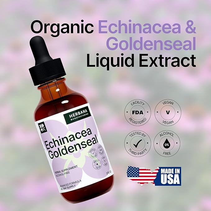 Echinacea and Goldenseal 2 fl oz Liquid Extract - Natural Herbal Supplement - Immune Support Drops - Enhance Sleep | Boost Energy - High Potency - 45-Day Supply