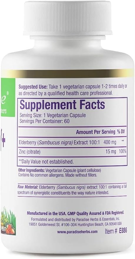 Paradise Herbs Elderberry with Zinc Extract, Supports Body's Natural Defenses, Super Potent, Ultra Pure, Vegan, Non GMO, Gluten Free, 60 Vegetarian Capsules