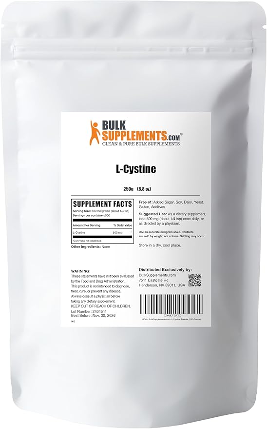 BulkSupplements.com L-Cystine Powder - L-Cystine 500mg, L-Cystine Supplement, Amino Acid Supplement - for Immune Support, Gluten Free, 500mg per Serving, 250g (8.8 oz) (Pack of 1)