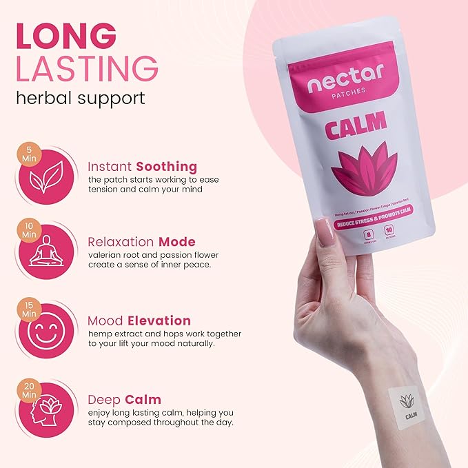 10x Calm Patches with Hemp Extract, Passion Flower, Hops & Valerian Root – Relax & Unwind, Non-Fatiguing, Sustained-Release for All-Day Calm