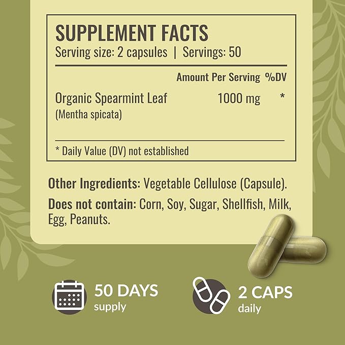 HERBAMAMA Spearmint Leaf Capsules - 1000mg Spearmint Leaves for Gut Cleanse & Digestive Support - Vegan Non-GMO Mentha Spicata Supplement 100 Caps