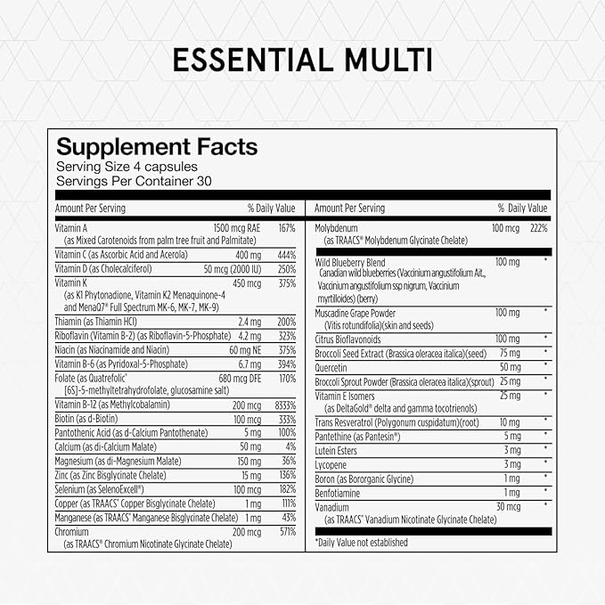 Momentous Essential Multivitamin for Women and Men - Complete Vitamin and Mineral Complex for Athletes & Wellness Enthusiasts - GMO-Free, Gluten Free, 30 Servings