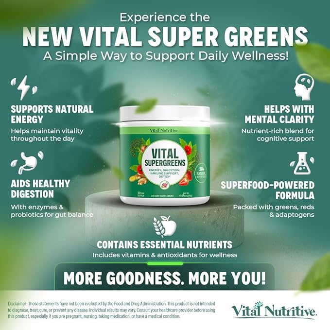 Vital Greens Superfood Powder - Daily Green Drink Powder with Probiotics and Superfoods - Supergreens for Energy Boost, Gut Health, Digestion Support, Plant-Based Nutrition, Vegan Superfoods