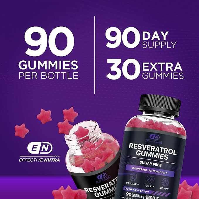 Resveratrol Gummies 1500mg | Sugar-Free Supplement for Antioxidant Support, Immunity, Heart Health, and Brain Function | 45-Day Supply, Natural Berry Flavor, Made in USA (90 Count)