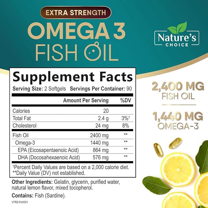 Triple Strength Omega 3 Fish Oil Supplement, EPA & DHA Fish Oil Omega 3 Essential Fatty Acids Supplement Softgels, 2400 mg Brain & Heart Health Support Supplements, Gluten Free, Non-GMO, 180 Softgels