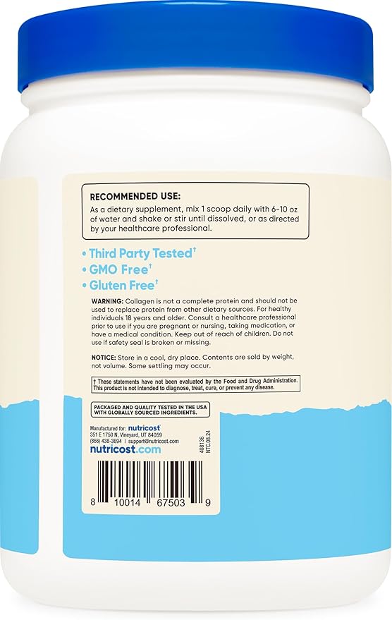 Nutricost Pure Collagen Hydrolysate (Bovine) Powder (2 Pack) - Grass Fed Bovine Collagen, 1LB Per Bottle