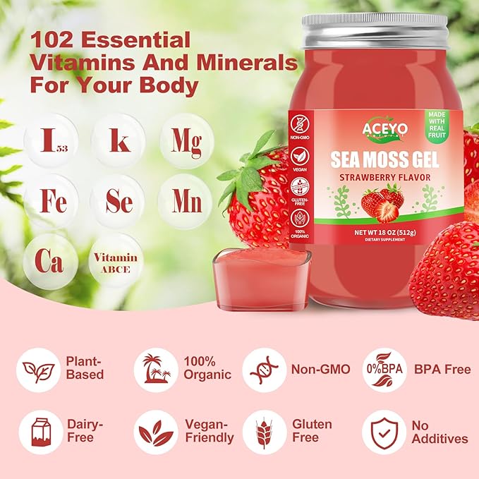 (18 OZ) Irish Sea Moss Gel Raw Vegan Strawberry Flavor 102 Vitamins and Minerals Wild Harvested Non-GMO Immune Defense Booster Thyroid Digestive Support