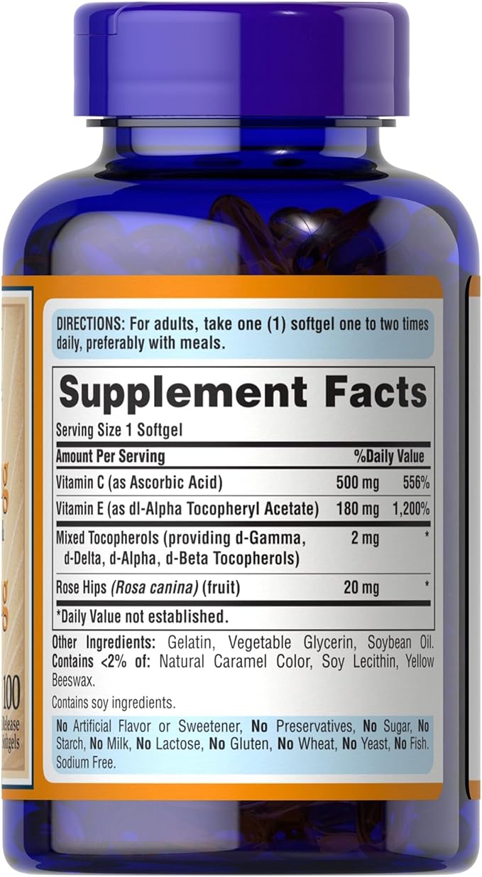 Puritan's Pride Premium Vitamin C-500mg with Rose HIPS and Vitamin E-400, Vitamin Supplement for Antioxidant, Heart, Circulatory, and Immune System Support, 100 Rapid Release Softgels