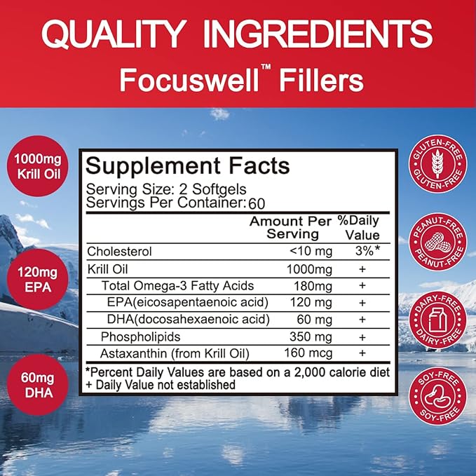 Antarctic Krill Oil 1000mg, Omega 3 Supplement,EPA, DHA, Phospholipids and Astaxanthin- 120 Softgels