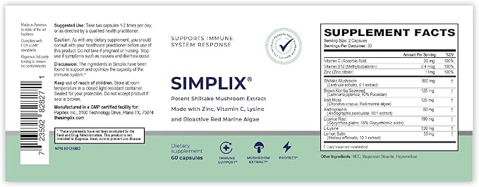 Simplix | Natural Supplement to Strengthen The Immune System | Respond to Outbreaks | Source of Highly Researched Mushroom & Seaweed Polysaccharides 60 Veggie Capsules (1 Pack)