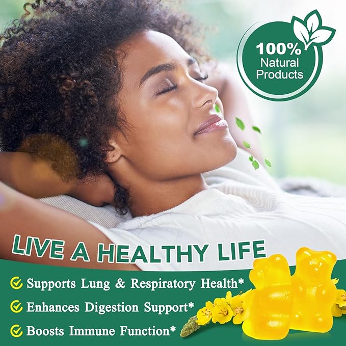Mullein Gummies - Mullein Leaf Extract for Lungs, 2000mg Mullein Gummies for Lungs Detox, Respiratory Digestive Immune Support, 60 Count