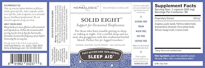 Solid Eight Herb Capsules - Fast Acting Natural Sleep Aid - Promotes Deep, Restful, Recuperative Sleep without Next-Day Grogginess- Does Not Contain Valerian Root - 90 Cap Count